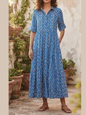 Ella Simone Blue Floral Maxi Dress, Boho Romantic Tiered Shirt Dress Large